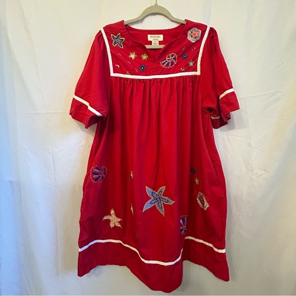 Vintage Bechamel Petites Red Embroidered Boho Starfish Dress PL - Picture 2 of 13